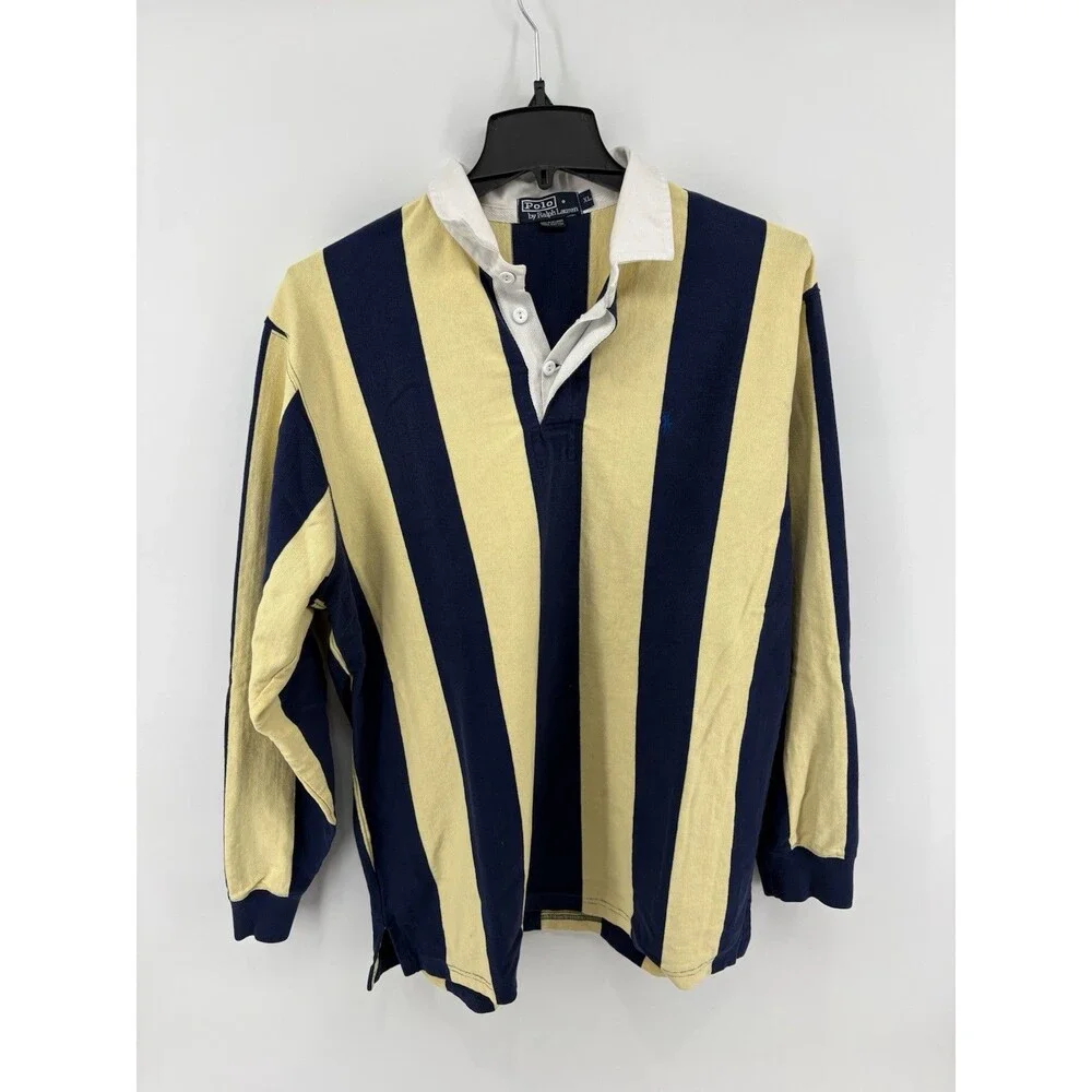 Vintage 90s Polo Ralph Lauren Vertical Striped Rugby Shirt Navy Yellow XL